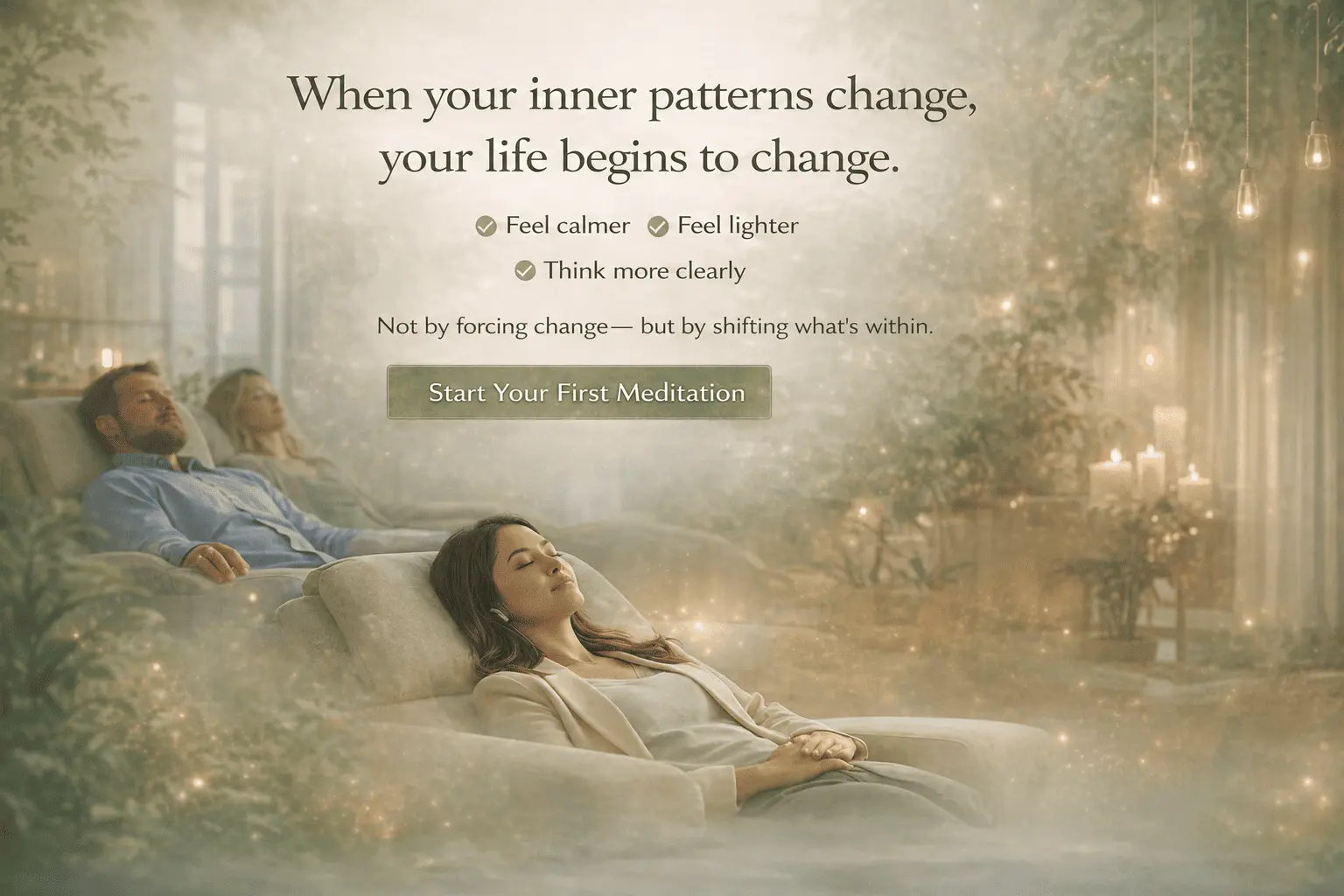 Three people resting comfortably while listening to Alpha Healing Meditations, illustrating how changing subconscious inner patterns helps people feel calmer, feel lighter and think more clearly, leading to lasting personal transformation.